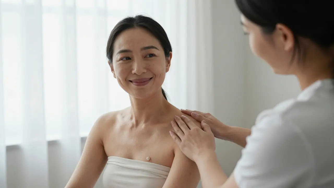 Žena po mastektomii během jemné tantrické masáže, s fyzioterapeutem na pozadí, jizva v klidu a bez bolesti.