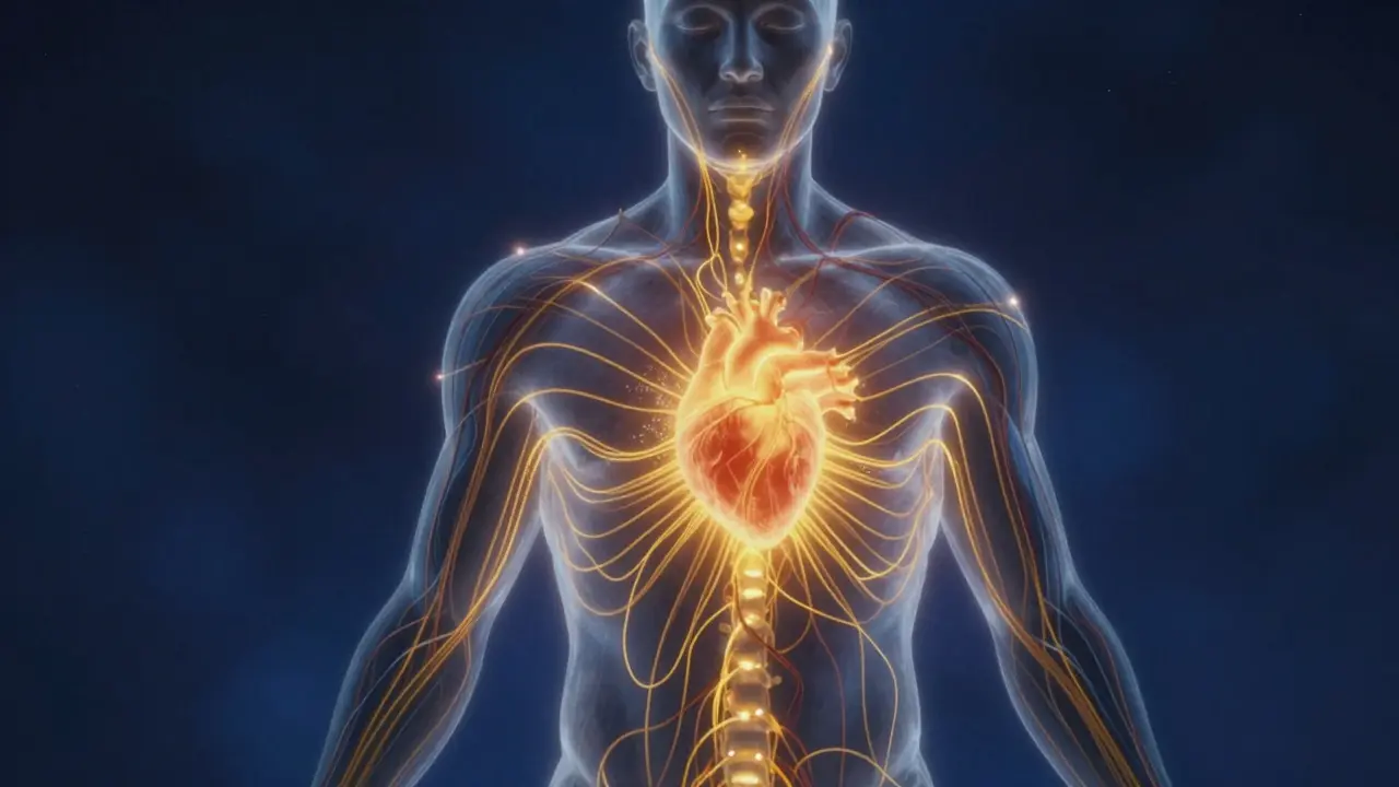 Abstraktní znázornění energetických kanálů v těle, které se uvolňují a září zlatým světlem.