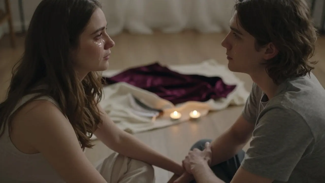 Dva lidé se dívají do očí, jeden má ruku na břiše druhého, slzy na tvářích.