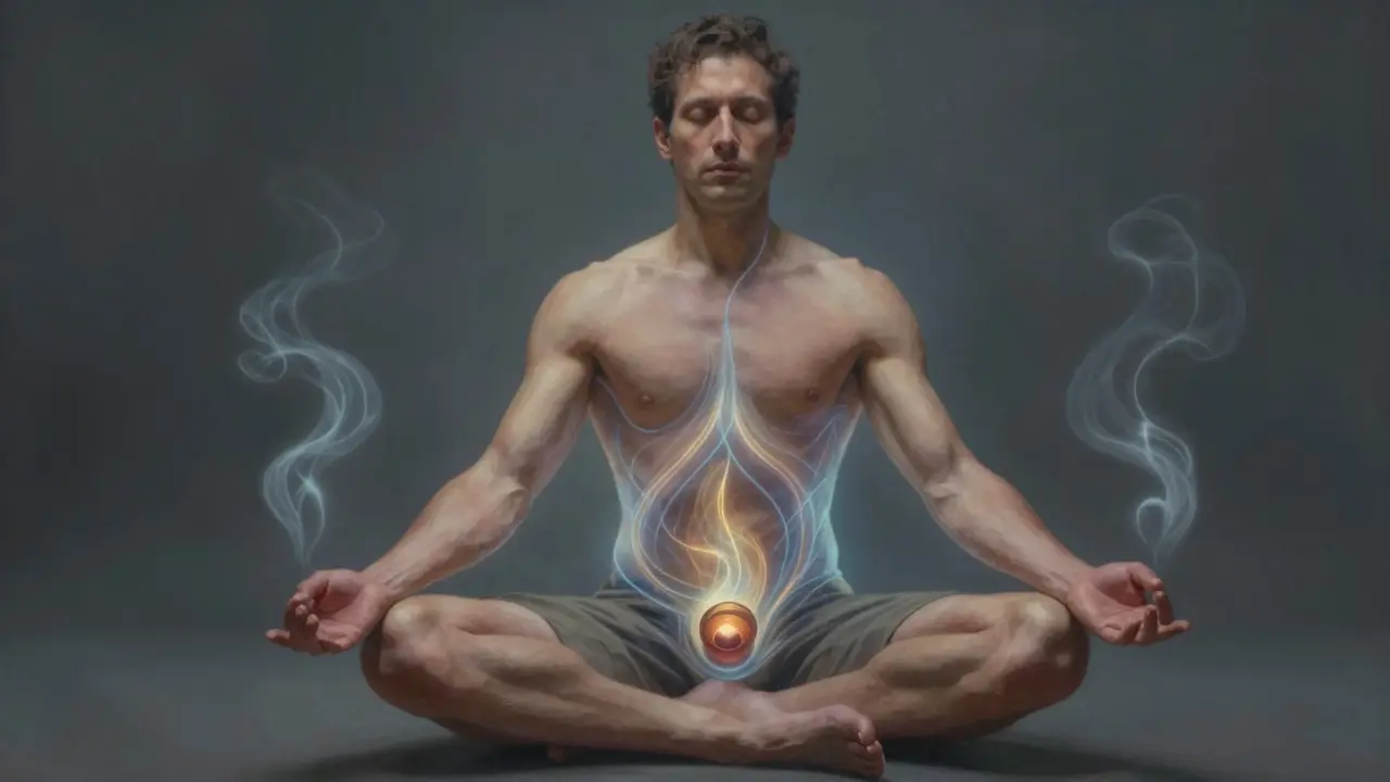 Energetické linie spojují břicho a genitálie, symbolizující spojení dýchání a masáže.