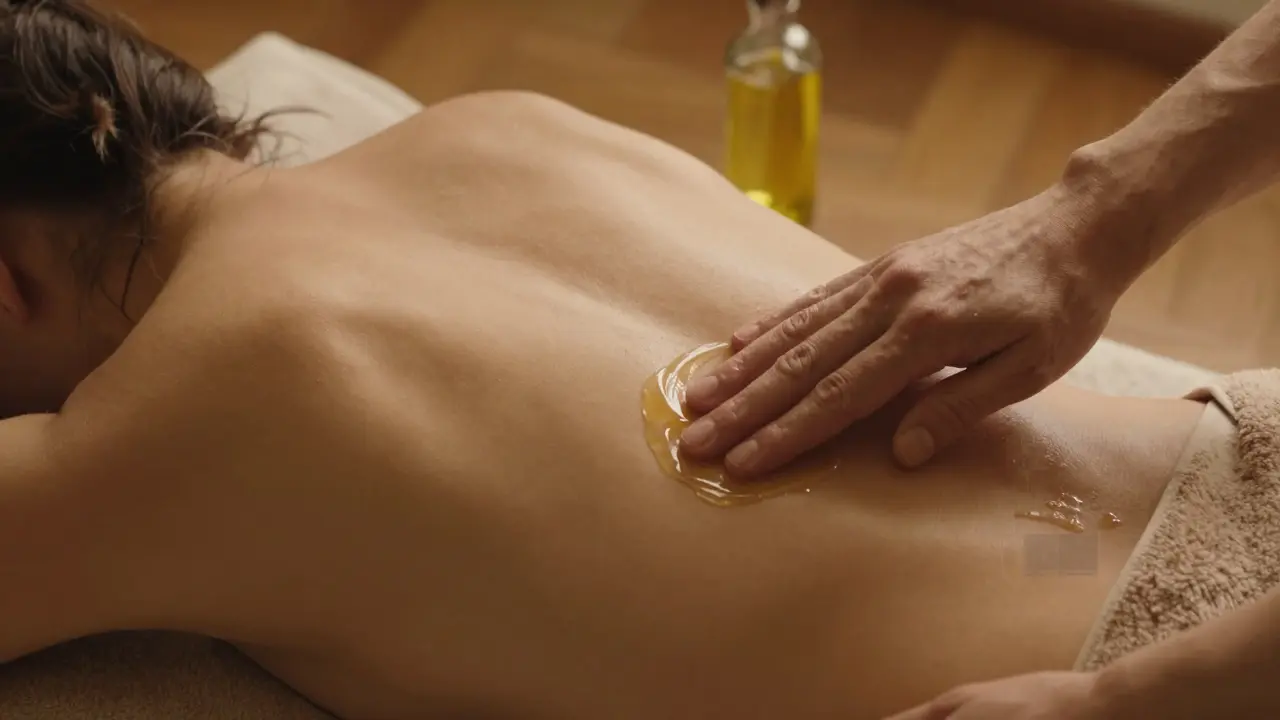 Jeden partner jemně hladí záda druhého pomalými kruhovými pohyby s olejem.