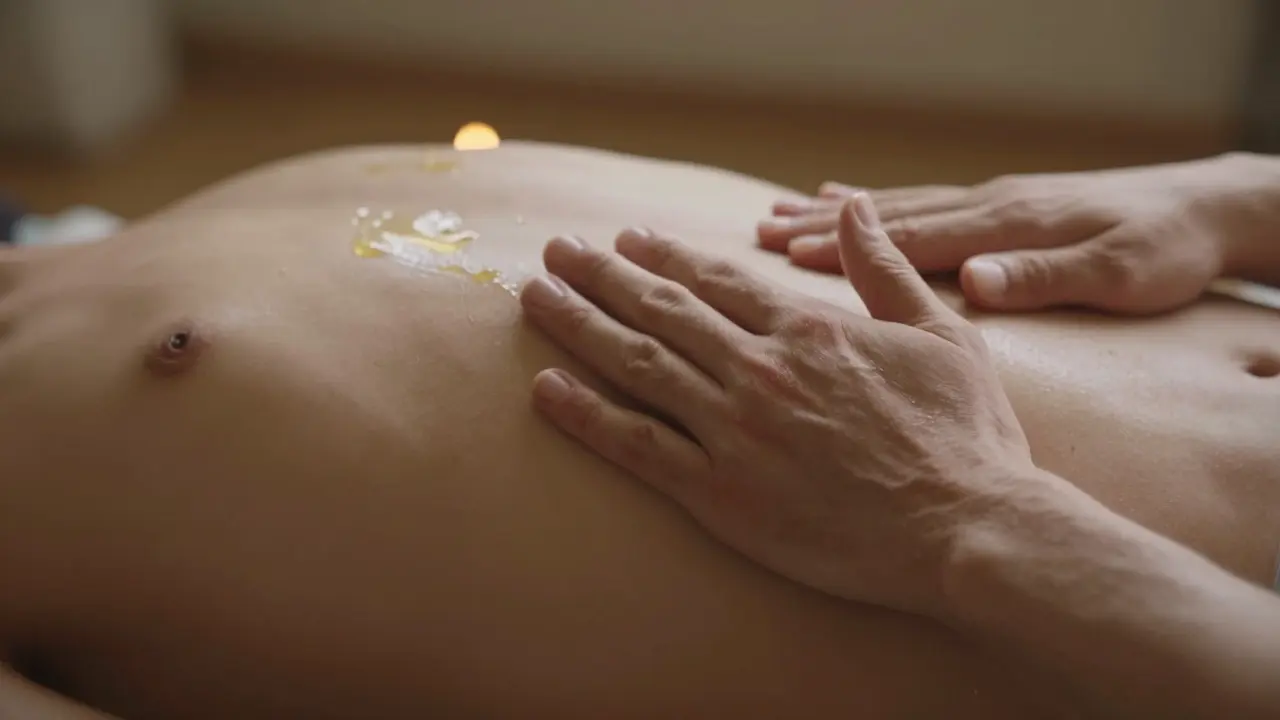 Jemná masáž penisu teplým olejem, ruka provádí pomalé pohyby s důrazem na citlivost.