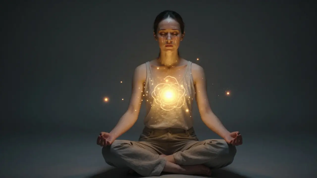 Osoba sedí v meditaci s očima zavřenými, slzy na tváři, jemné záře kolem těla symbolizují uvolnění energie.