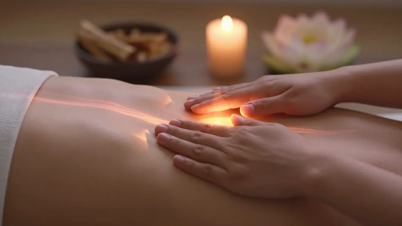 Ruce terapeuty jemně pokrývají břicho a srdce, zatímco jemné světlo proudí mezi nimi jako energie.