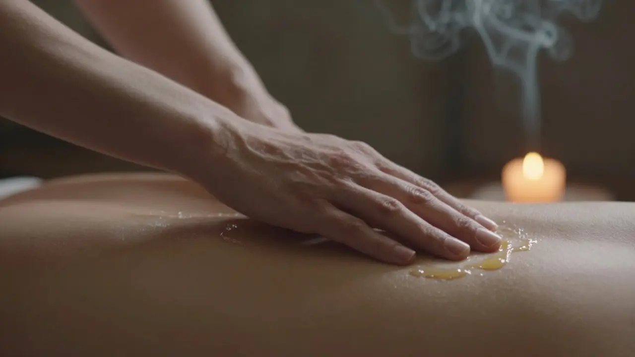 Ruka jemně klouže po kůži s přírodním olejem, svaly se uvolňují v klidném prostředí.