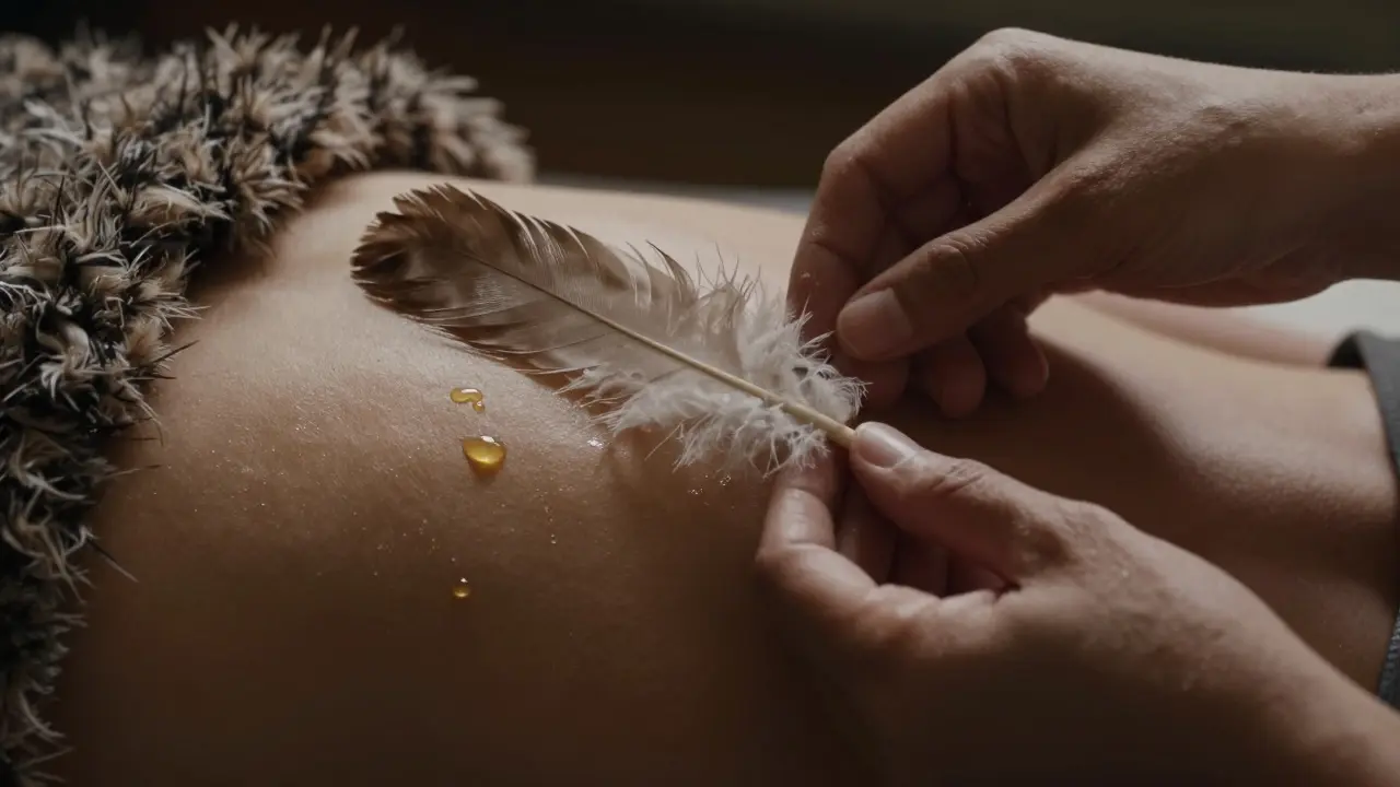 Detail jemného doteku pštrosího peří a oleje na kůži během tantrické masáže.