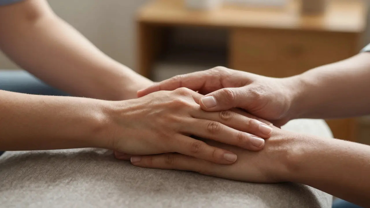 Detail rukou terapeuta a klienta symbolizující důvěru a emoční bezpečí.