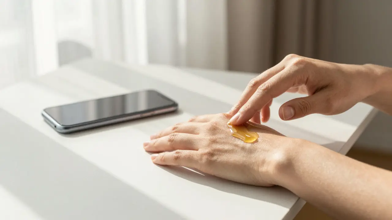 Detail ruky aplikující olej na kůži s vypnutým telefonem v pozadí.
