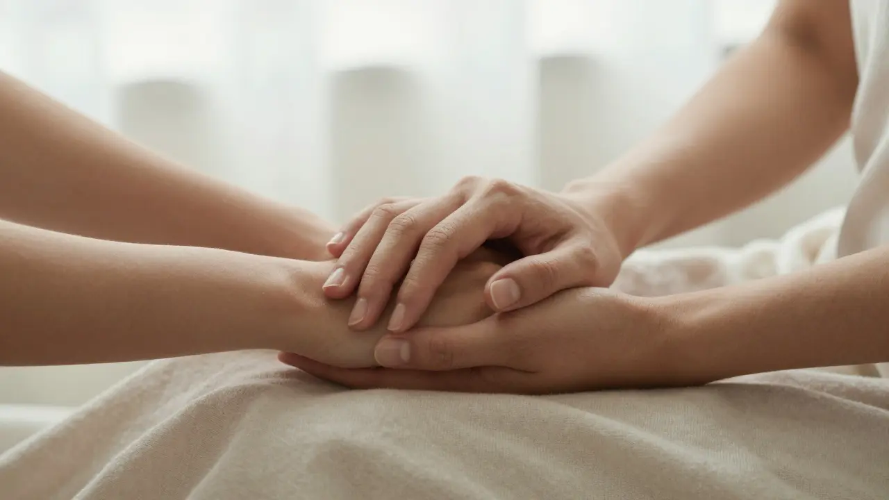 Detail spletených rukou dvou žen symbolizující hlubokou intimitu, důvěru a sebelásku.