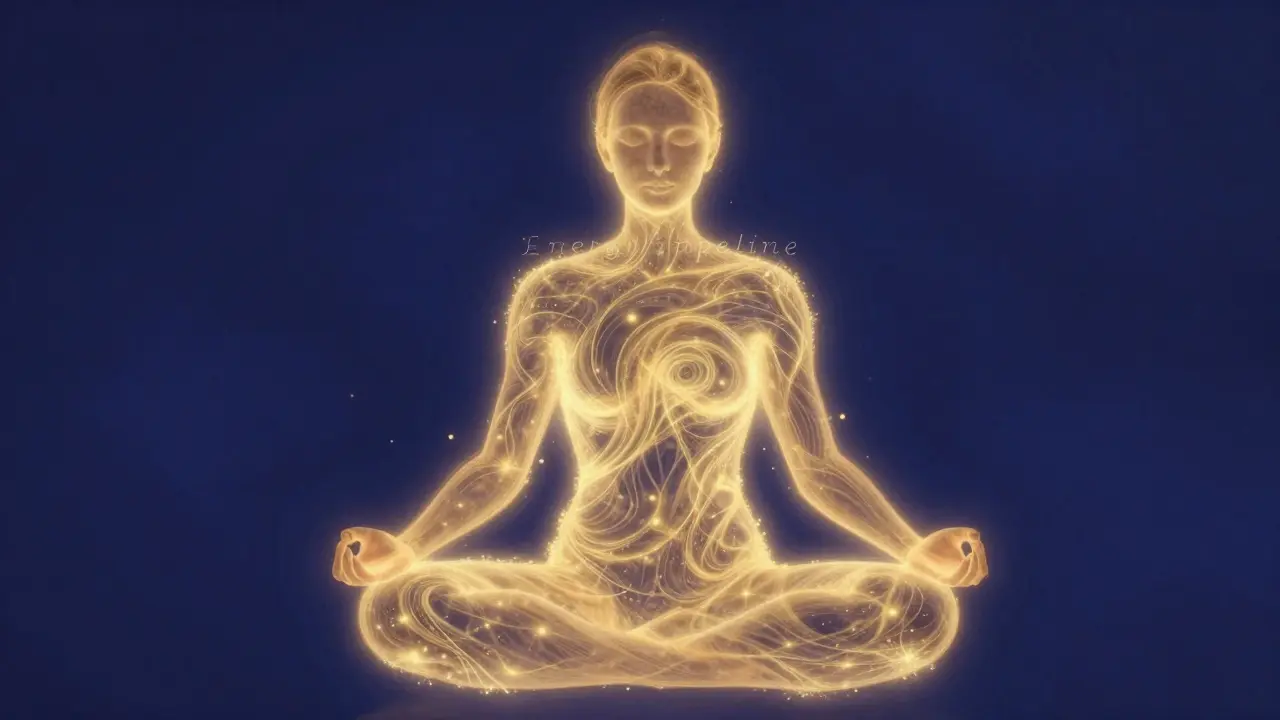 Konceptuální zobrazení meditující osoby s proudem zlaté energie kolem těla.