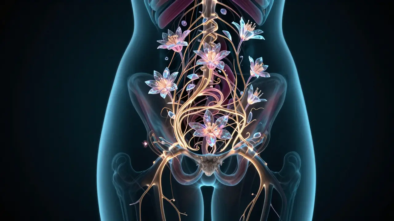 Konceptuální zobrazení pánevního dna jako sítě svítících květin a nervů.