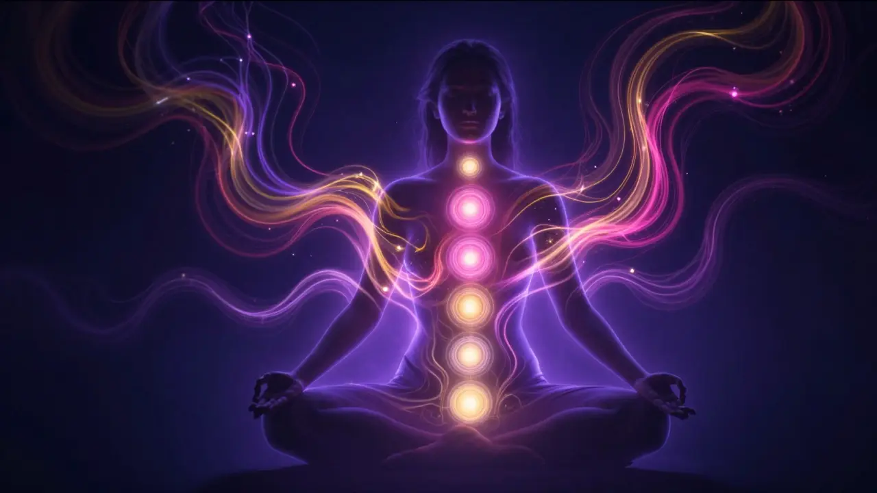 Konceptuální zobrazení proudění energie kundalíní a svítících čaker v ženském těle.