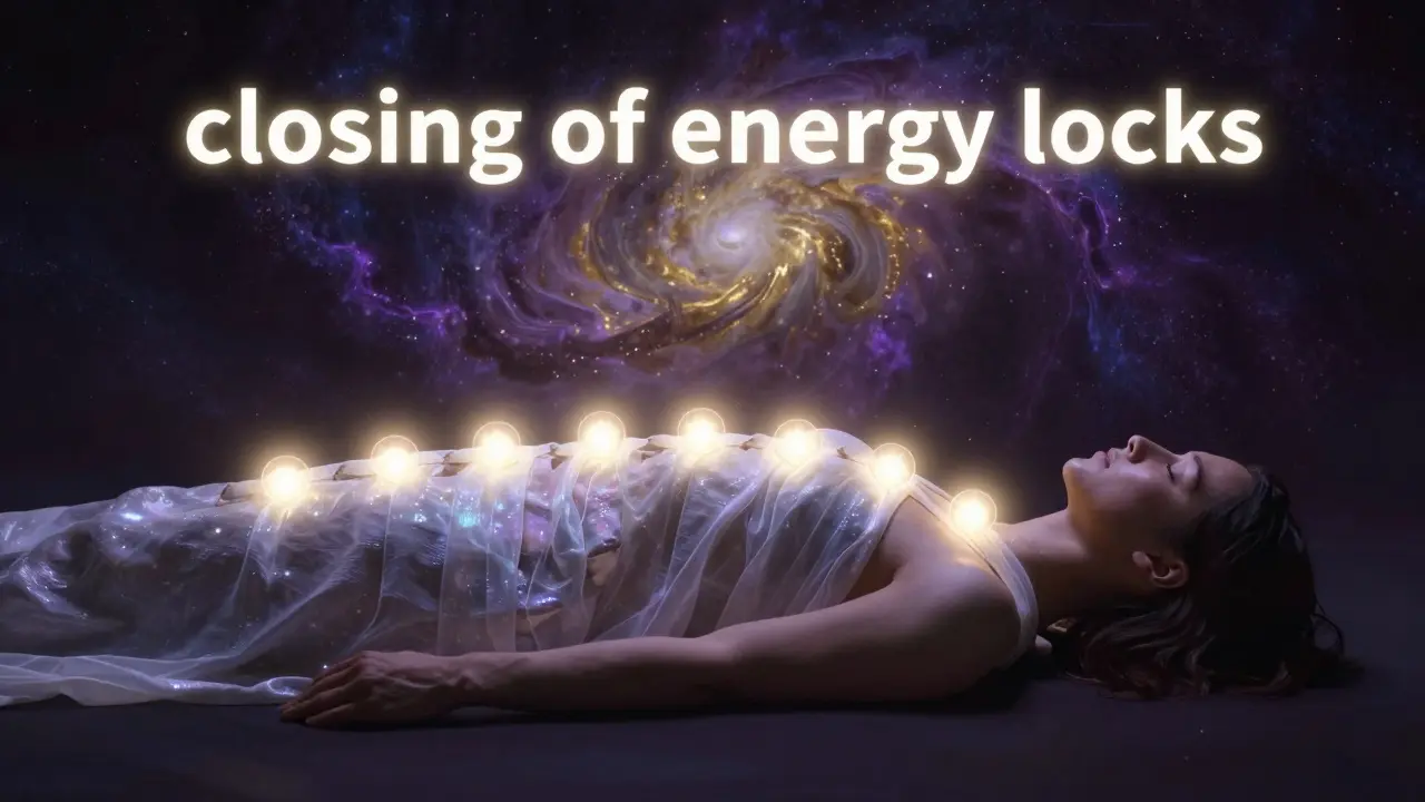 Konceptuální zobrazení uzavírání energetických center v těle pomocí lněných plátna.