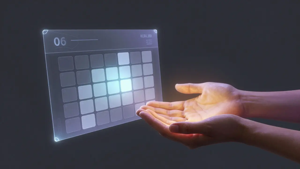 Konceptuální zobrazovnice digitálního kalendáře a lidského doteku v Duchovním prostoru.