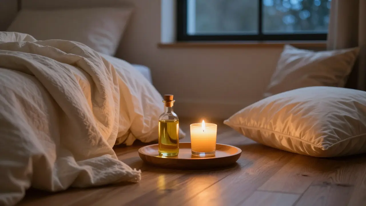 Kout s přikrývkami, svíčkou a olejem připravený pro rituál seba-mapování.