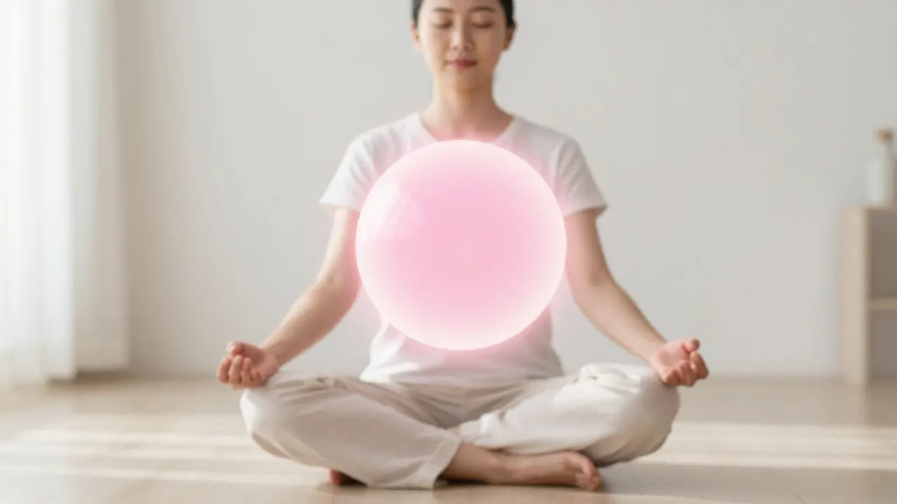 Meditující osoba s jemně zářící růžovou světelnou sférou vznášející se před ní.