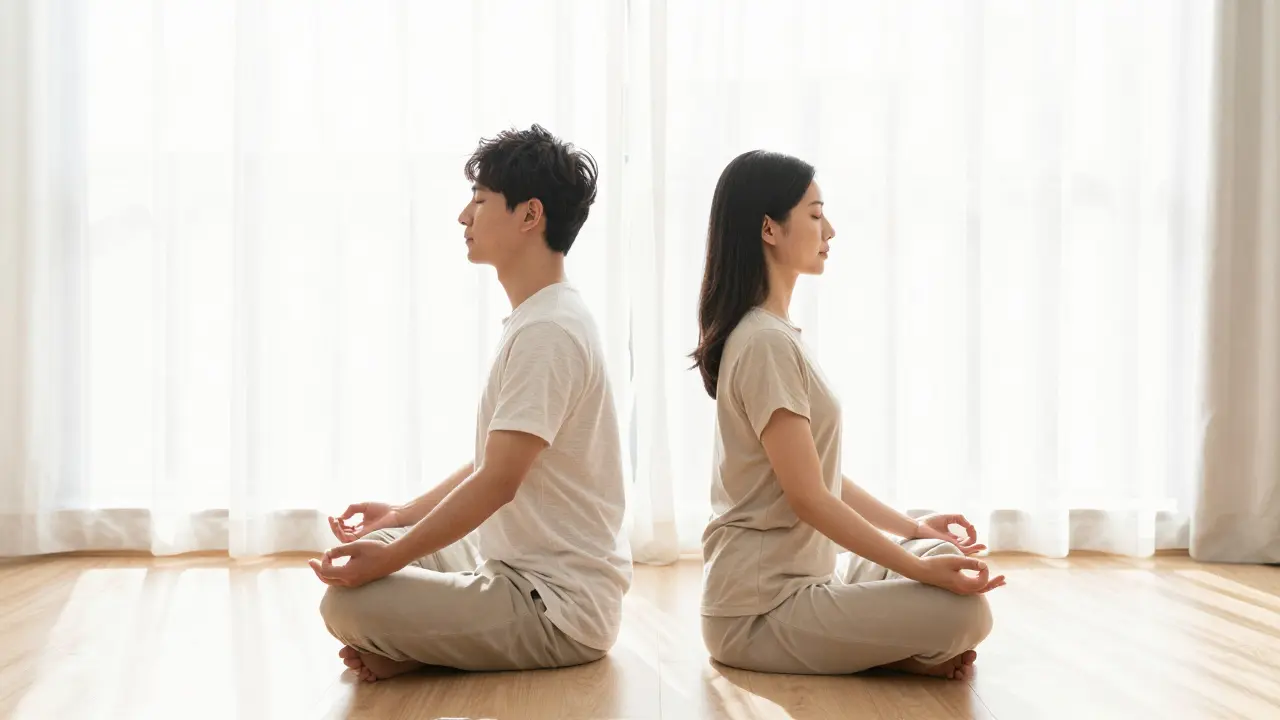 Meditující pár sedící čelem k sobě v světlé místnosti v synchronním dýchání.