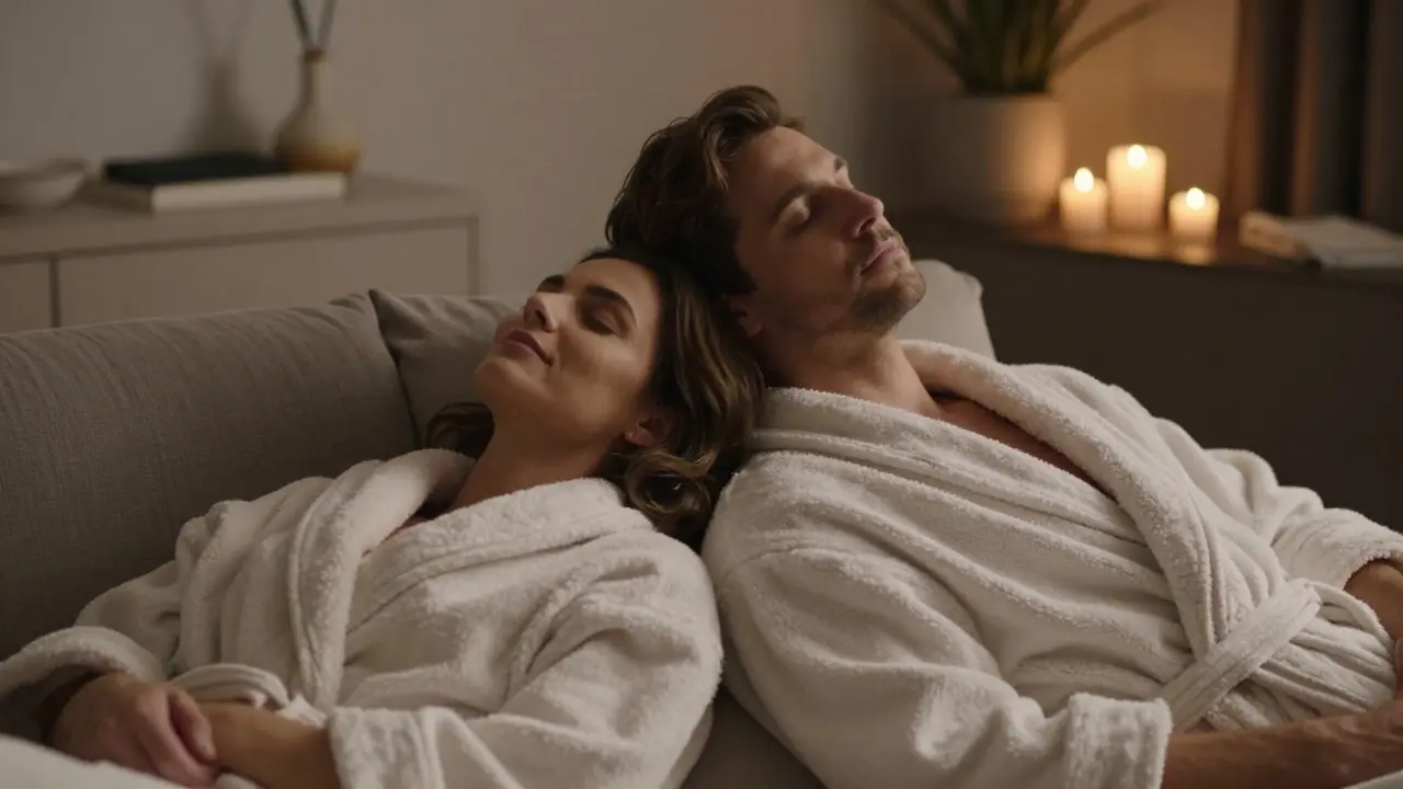 Relaxovaný pár v bílých roušáncích v tichém, svíčkově osvětleném lounge prostoru.