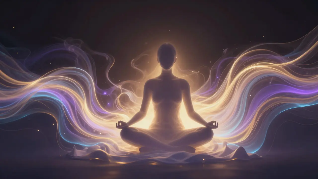 Silueta osoby v meditaci obklopená vlnami barevné energie.