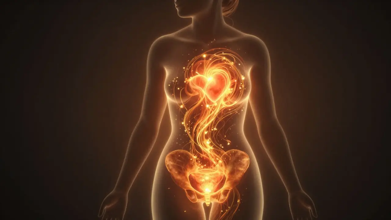 Silueta ženy s proudící zlatou energií v oblasti pánve symbolizující uvolnění.