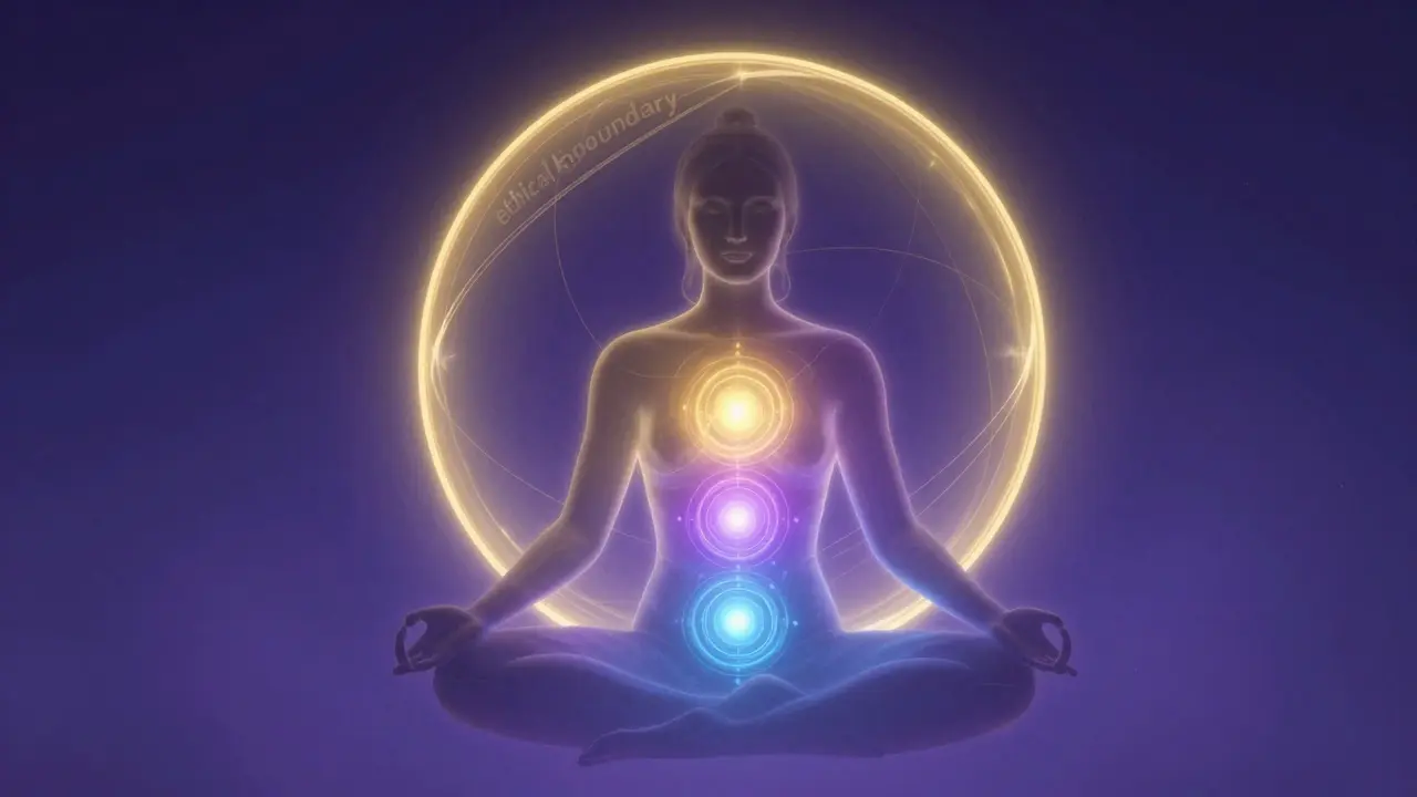 Stylizovaná postava s chakrami obklopená ochrannou zlatou sférou etiky.