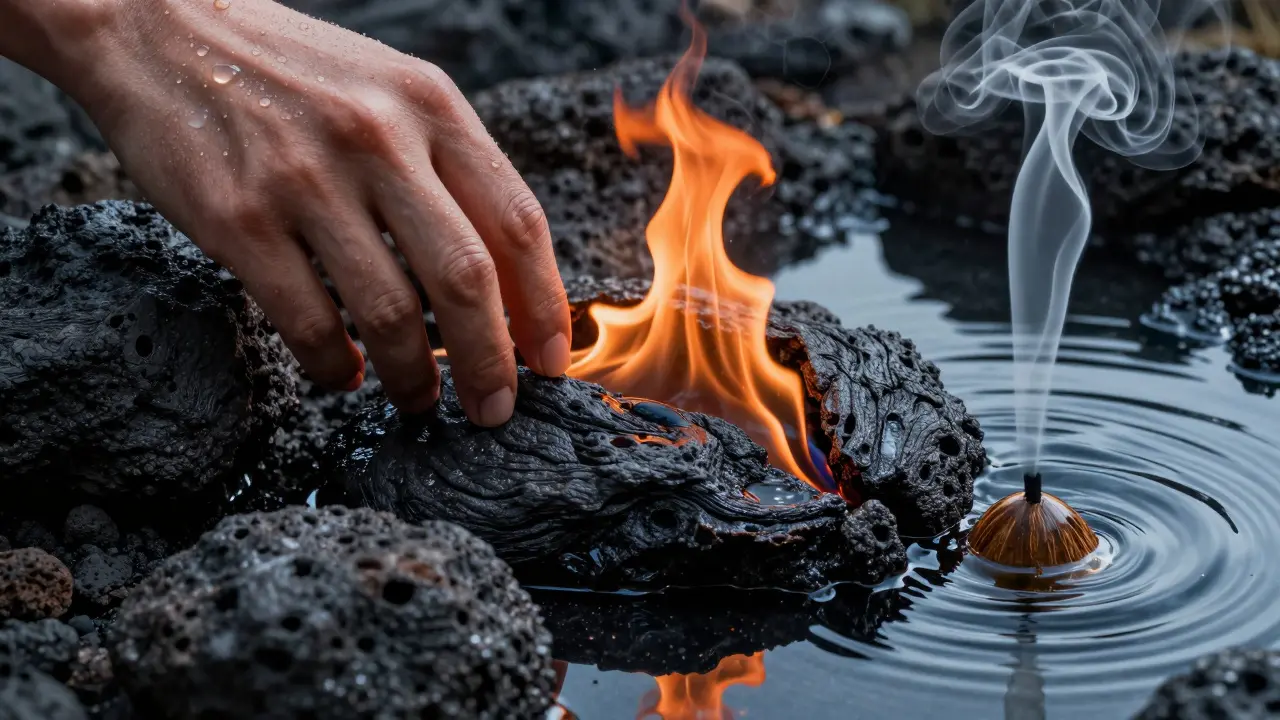 Umělecká kompozice prvků rituálu: lávové kameny, kapky oleje a jemný kouř.