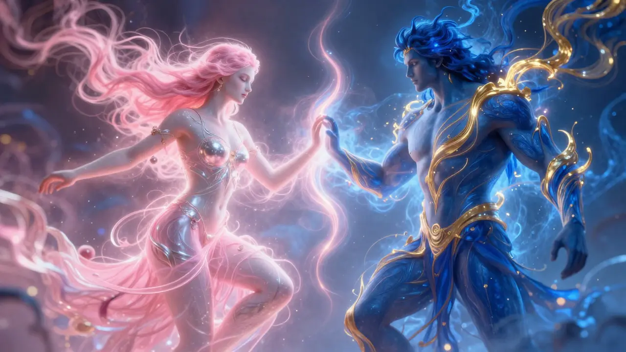 Umělecké znázornení propojení mužské a ženské energie pomocí barevných světelných proudů.