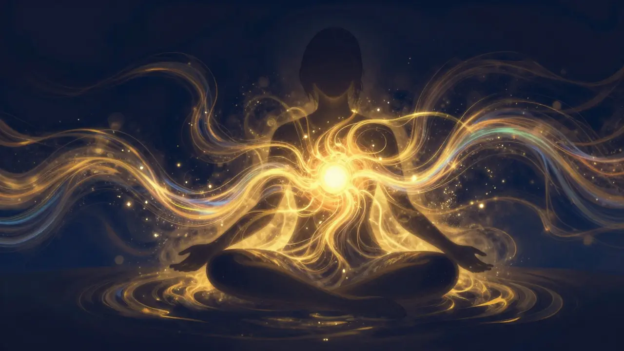 Umělecký obraz znázornující energetické probuzení a vnitřní klid po tantrické masáži.