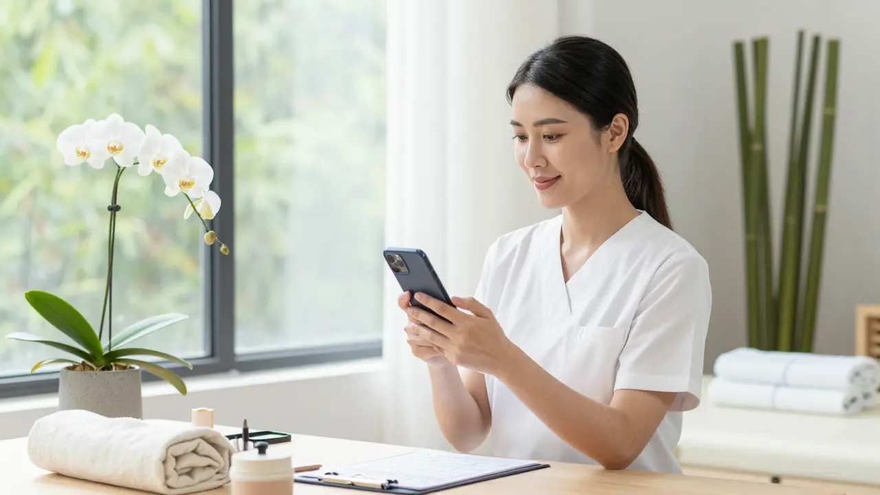 Usmívající se masérka kontrolující svůj rozvrk v mobilním telefonu v zenovém studiu.