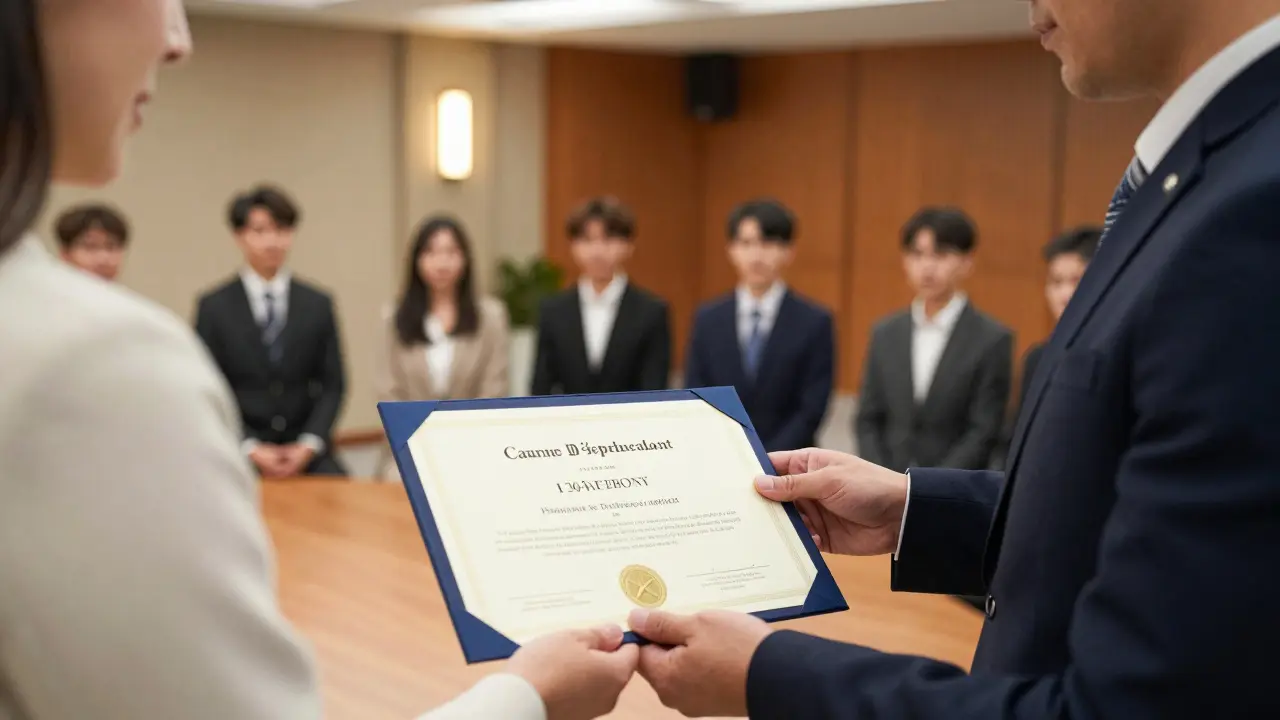 Zruční předání certifikátu o dokončení profesionálního kurzu tantry.