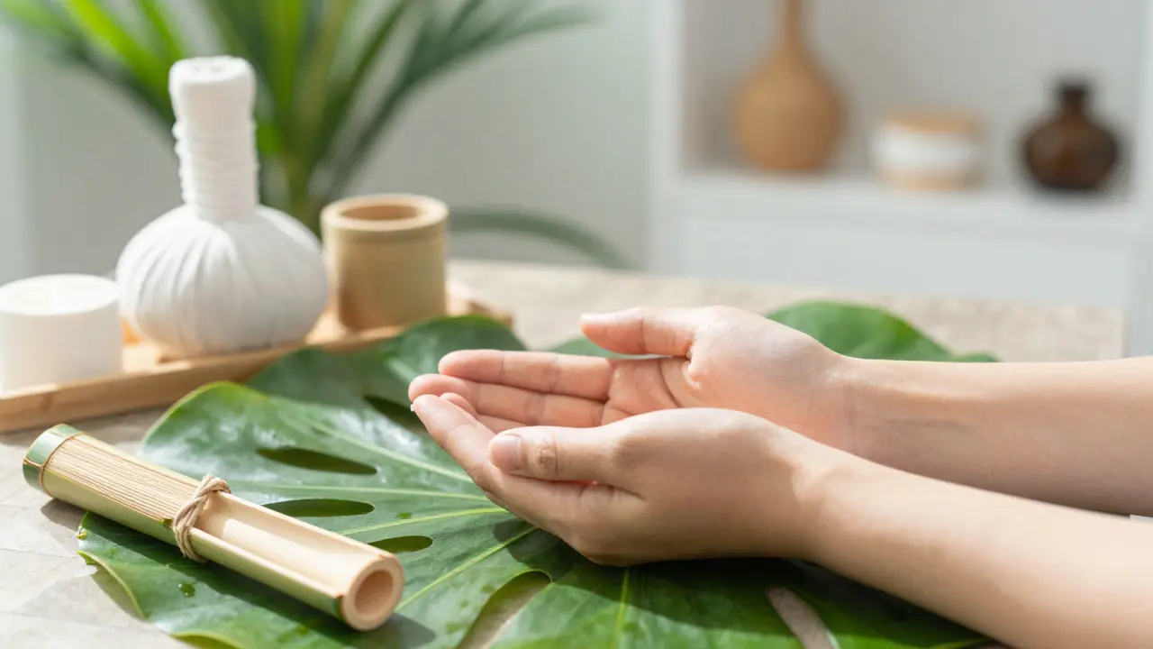 Dvě ruce drží se nad ekologickými wellness doplňky a zelení