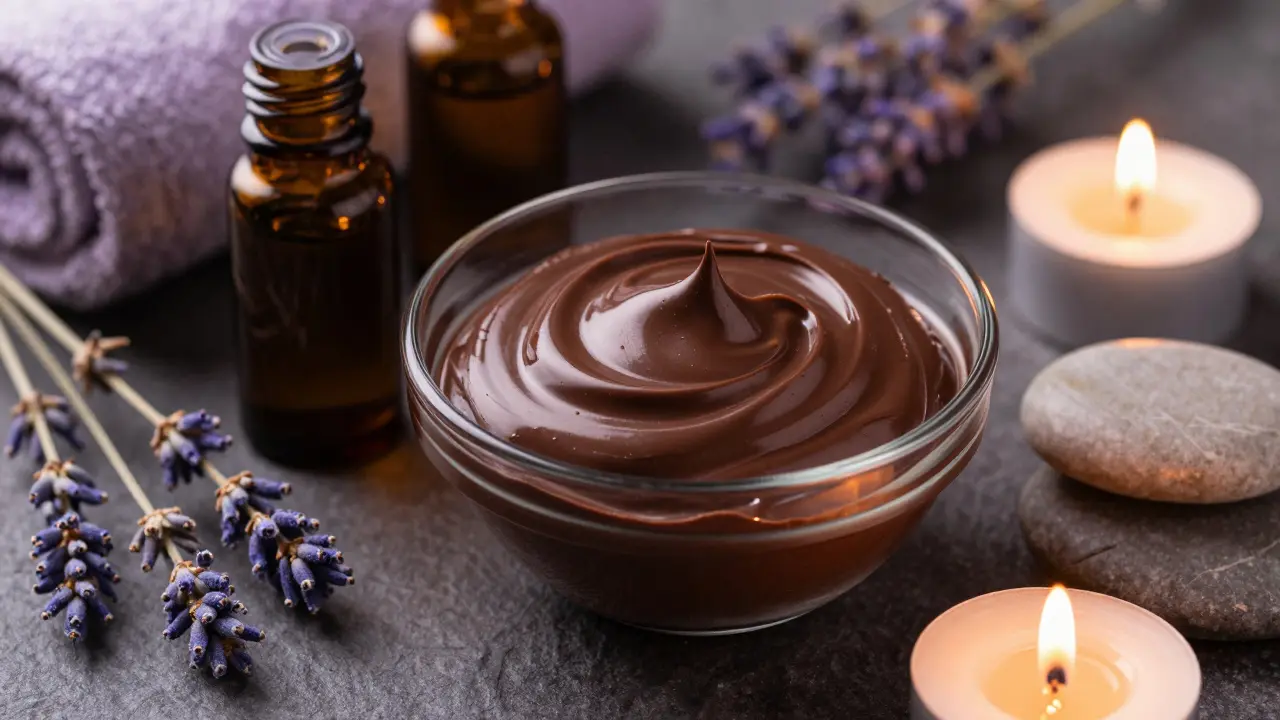 Luxusní čokoládová pasta a aromaterapeutické oleje při svícení