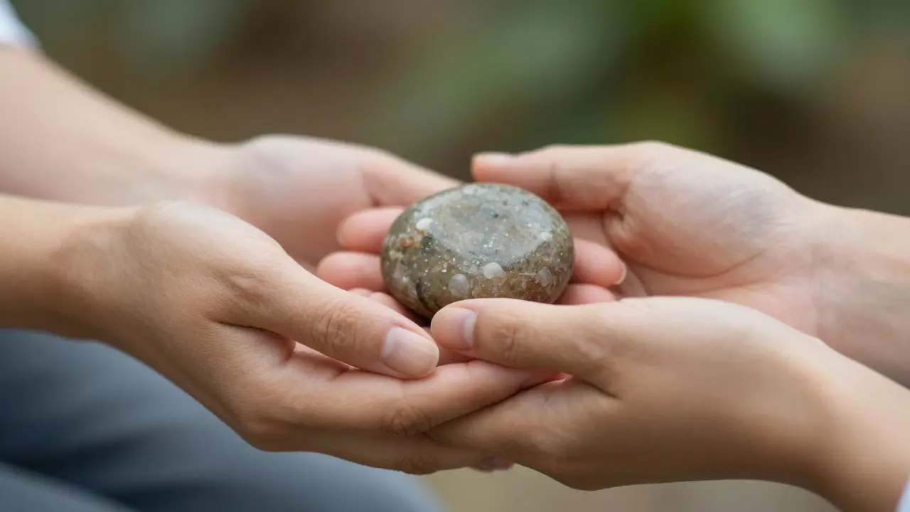 Detail rukou držících kámen, symbolizující důvěru a bezpečí terapie