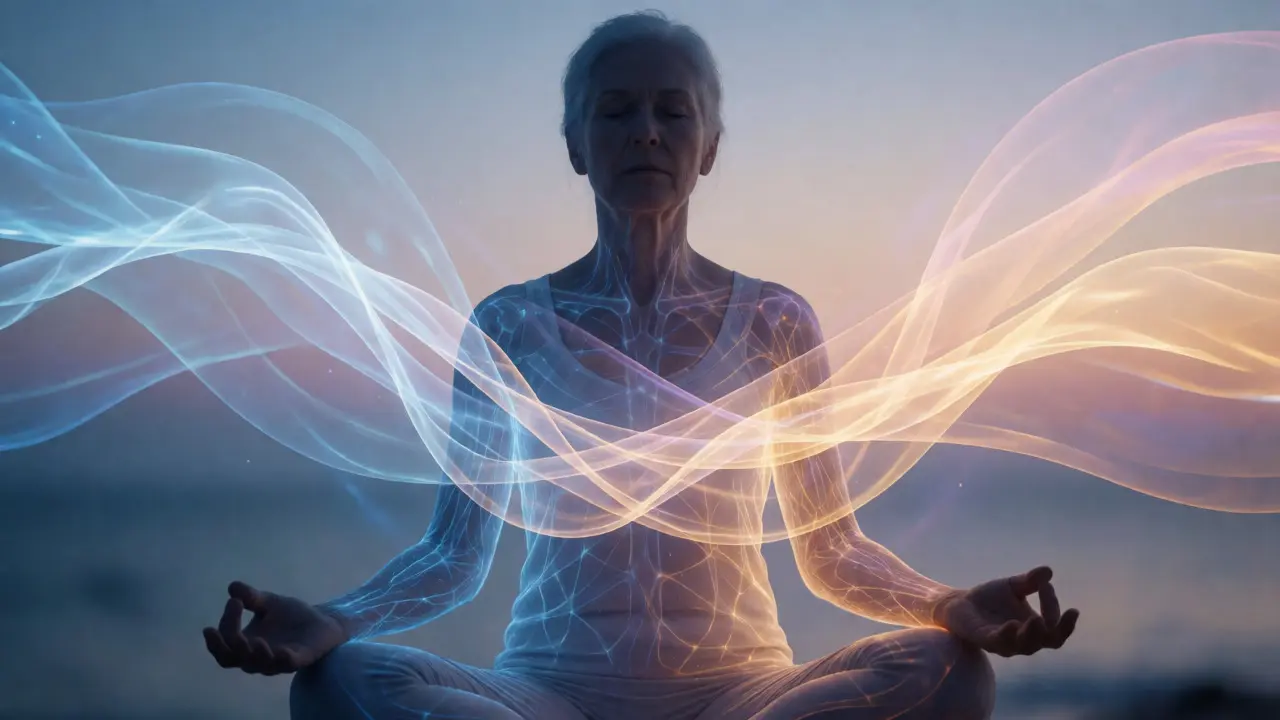 Abstract visualization of hormonal balance and relaxation in aging body