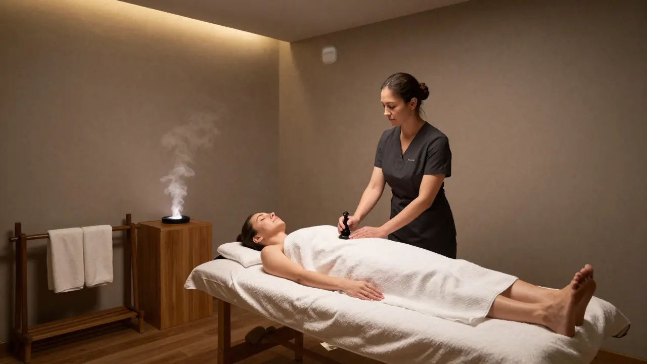 Interiér luxusního studia pro tantrickou masáž s tlumeným osvětlením a relaxační atmosférou.