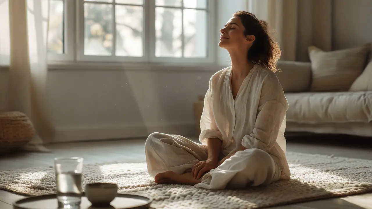 Žena v meditaci po masáži, projevující klid a sebevědomí