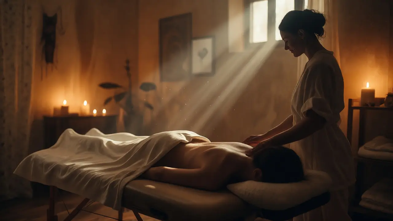 Klient v hluboké relaxaci při tantrické masáži v útulném studiu s teplým osvětlením.