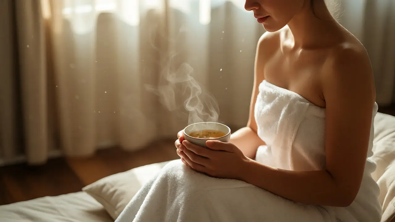 Klientka v ručníku s čajem po relaxační tantrické masáži