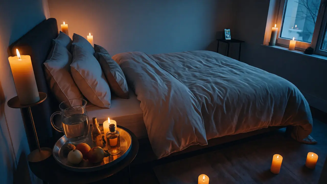 Připravená ložnice se svíčkami, oleji a čajem pro dlouhou domácí masáž