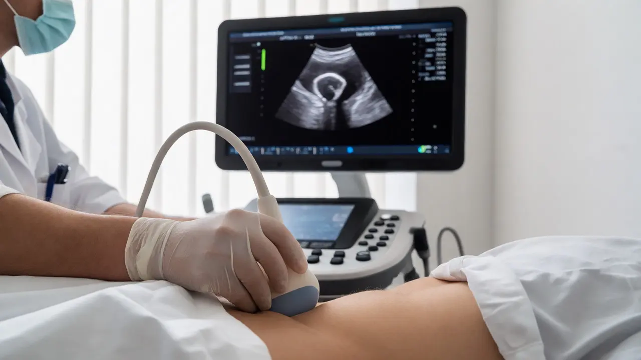Urolog provádějící ultrazvukové vyšetření prostaty v ordinaci